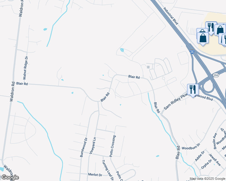map of restaurants, bars, coffee shops, grocery stores, and more near 272 Blair Road in La Vergne