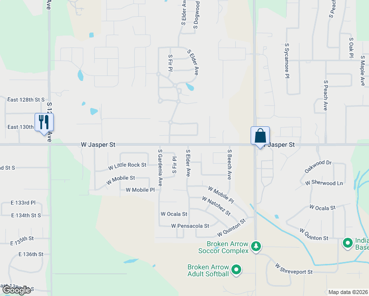 map of restaurants, bars, coffee shops, grocery stores, and more near 7912 South Elder Avenue in Broken Arrow