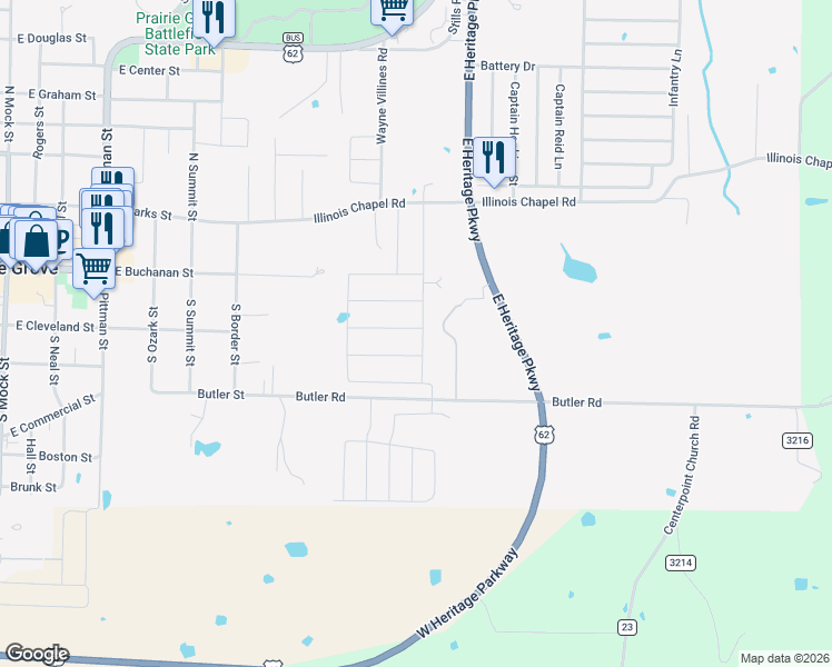 map of restaurants, bars, coffee shops, grocery stores, and more near in Prairie Grove