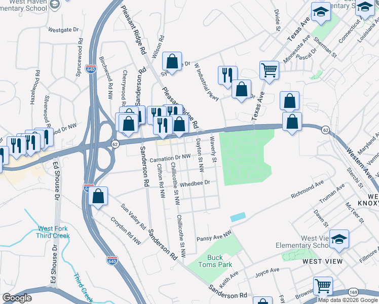 map of restaurants, bars, coffee shops, grocery stores, and more near 2717 Piedmont Street Northwest in Knoxville