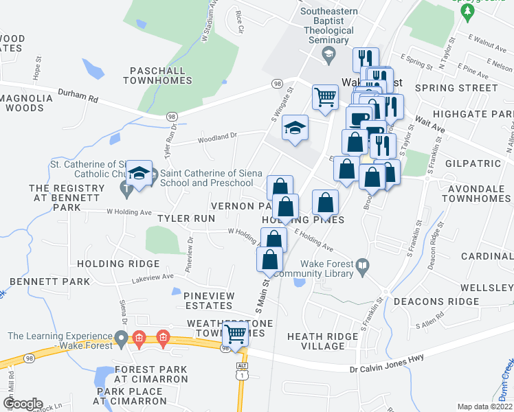 map of restaurants, bars, coffee shops, grocery stores, and more near 219 Kinvara Court in Wake Forest