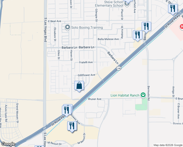 map of restaurants, bars, coffee shops, grocery stores, and more near 194 Gilliflower Avenue in Las Vegas