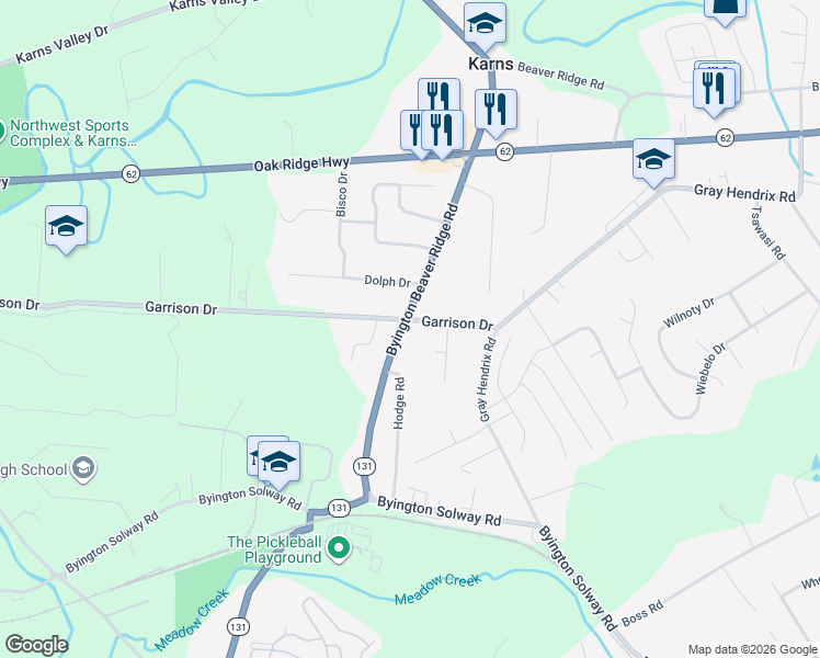 map of restaurants, bars, coffee shops, grocery stores, and more near 8524 Garrison Drive in Knoxville