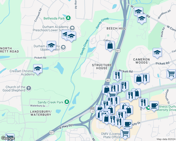 map of restaurants, bars, coffee shops, grocery stores, and more near 3229 Coachman's Way in Durham