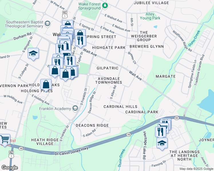 map of restaurants, bars, coffee shops, grocery stores, and more near 157 Deacon Ridge Street in Wake Forest