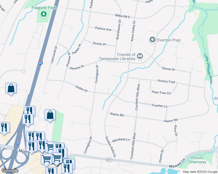 map of restaurants, bars, coffee shops, grocery stores, and more near 1504 Dillard Court in Brentwood