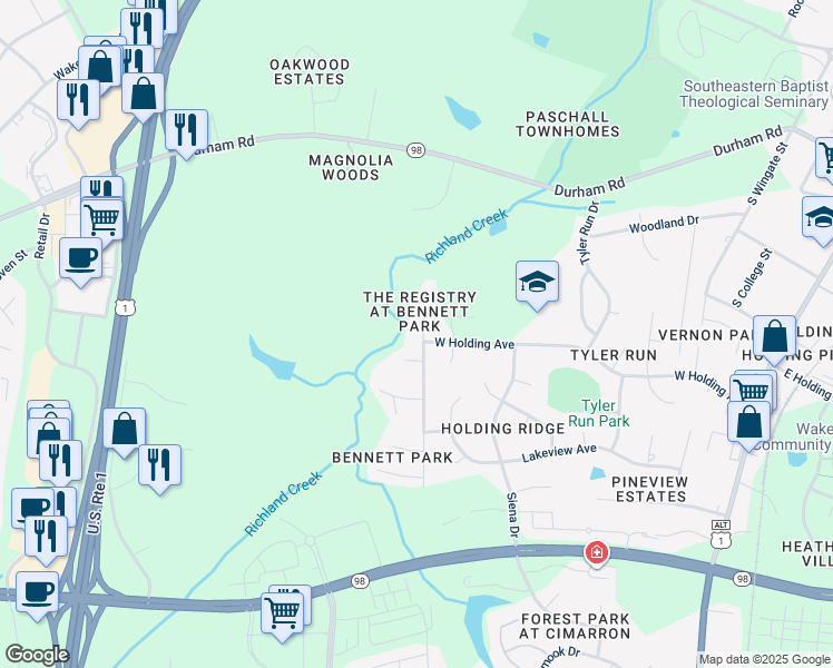 map of restaurants, bars, coffee shops, grocery stores, and more near 724 Richland Ridge Drive in Wake Forest