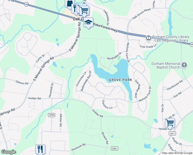 map of restaurants, bars, coffee shops, grocery stores, and more near 10 Marsh Landing Court in Durham