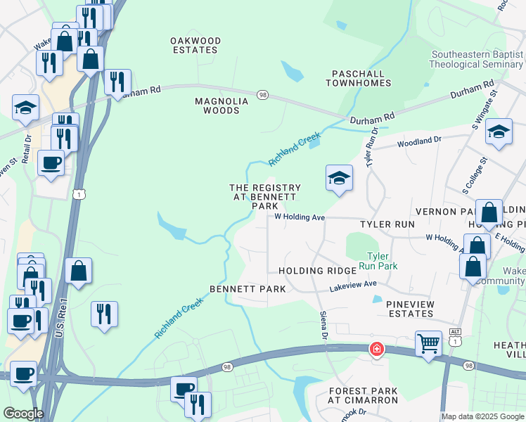map of restaurants, bars, coffee shops, grocery stores, and more near 724 Richland Ridge Drive in Wake Forest
