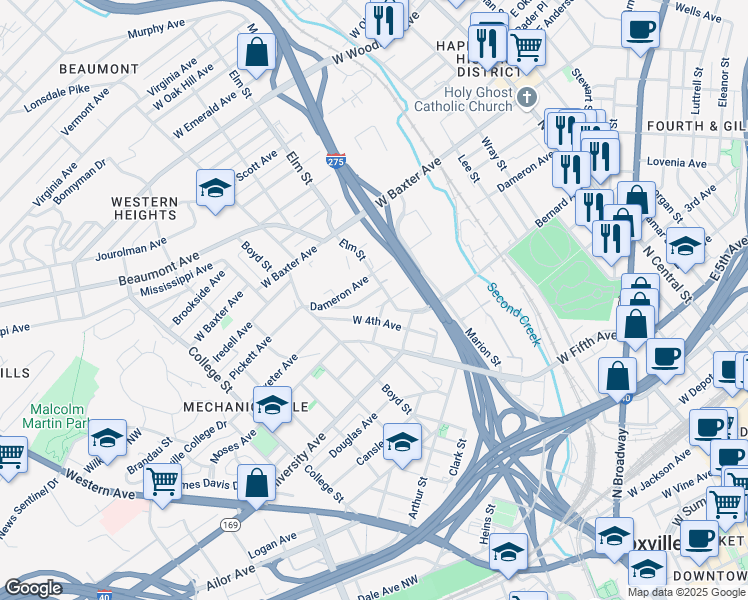 map of restaurants, bars, coffee shops, grocery stores, and more near 1415 West 4th Avenue in Knoxville