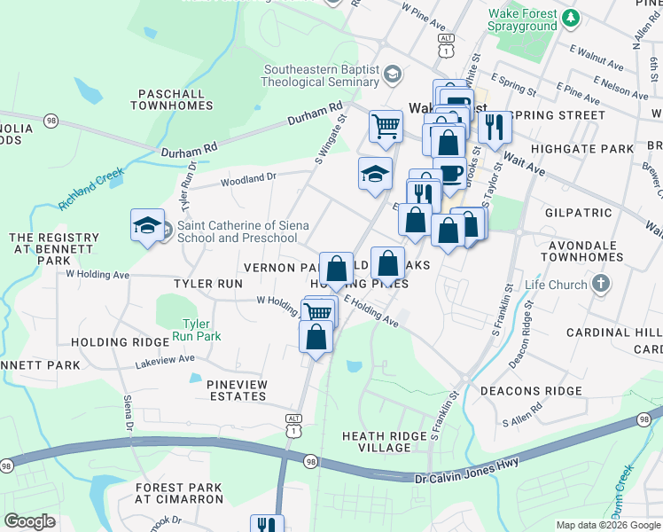 map of restaurants, bars, coffee shops, grocery stores, and more near 708 South Main Street in Wake Forest