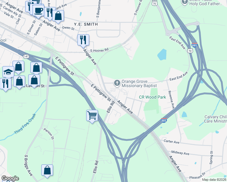 map of restaurants, bars, coffee shops, grocery stores, and more near in Durham