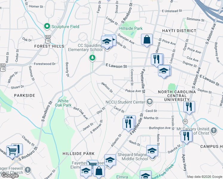map of restaurants, bars, coffee shops, grocery stores, and more near 1927 Cecil Street in Durham