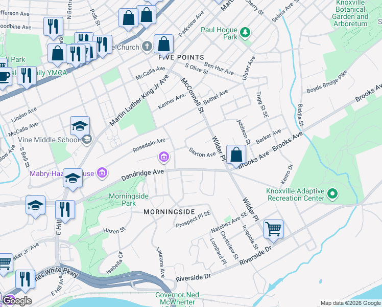 map of restaurants, bars, coffee shops, grocery stores, and more near 2019 Dandridge Avenue in Knoxville