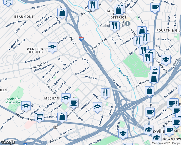 map of restaurants, bars, coffee shops, grocery stores, and more near 1415 West 4th Avenue in Knoxville
