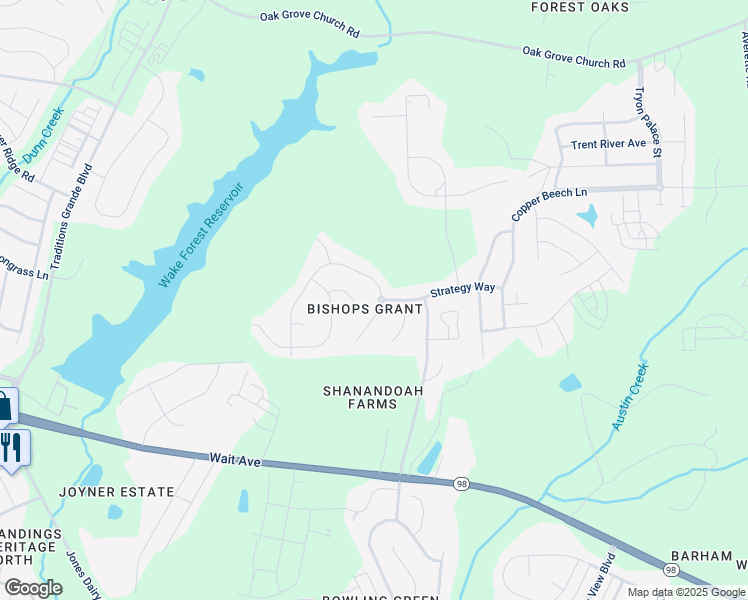 map of restaurants, bars, coffee shops, grocery stores, and more near 632 Opposition Way in Wake Forest