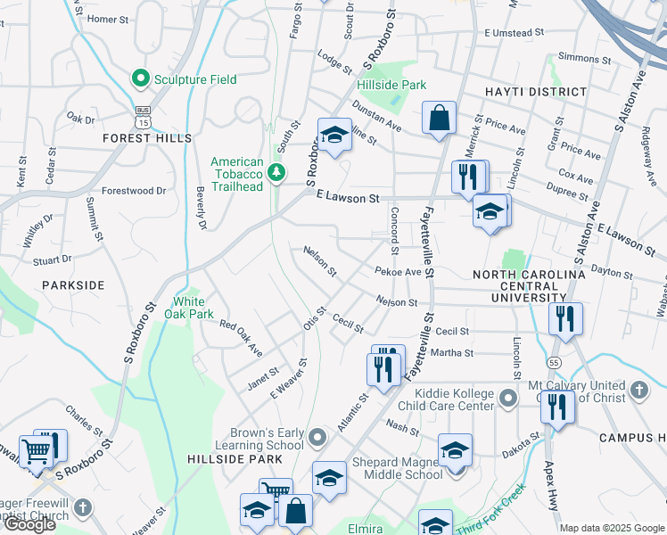 map of restaurants, bars, coffee shops, grocery stores, and more near 1927 Cecil Street in Durham