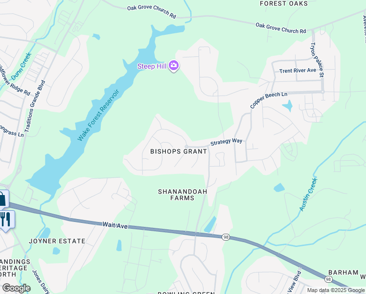 map of restaurants, bars, coffee shops, grocery stores, and more near 632 Opposition Way in Wake Forest