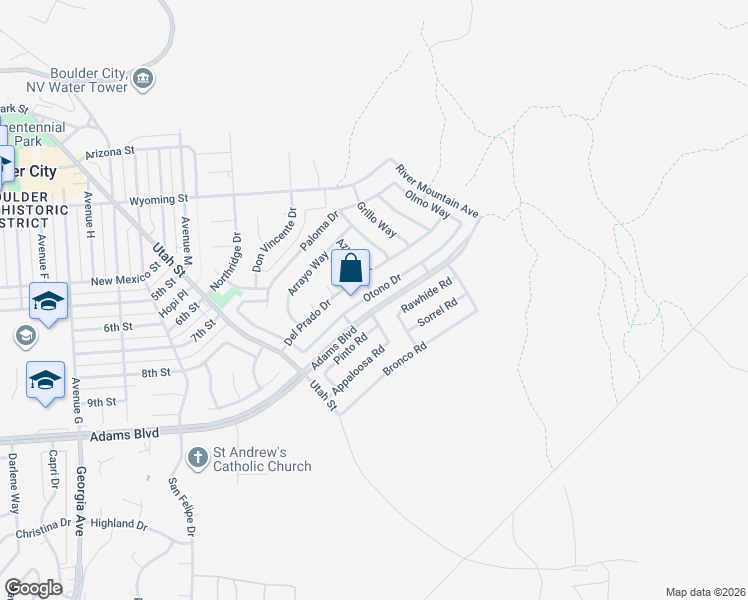 map of restaurants, bars, coffee shops, grocery stores, and more near 641 Otono Drive in Boulder City
