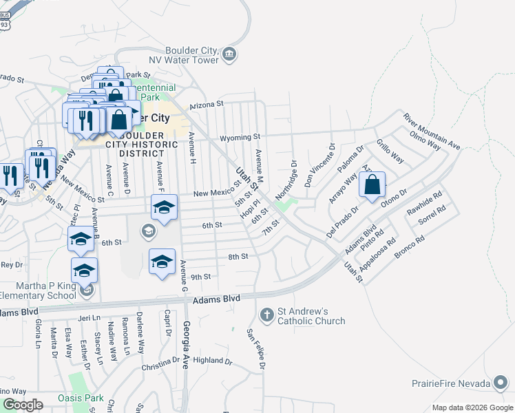 map of restaurants, bars, coffee shops, grocery stores, and more near 517 Hopi Place in Boulder City