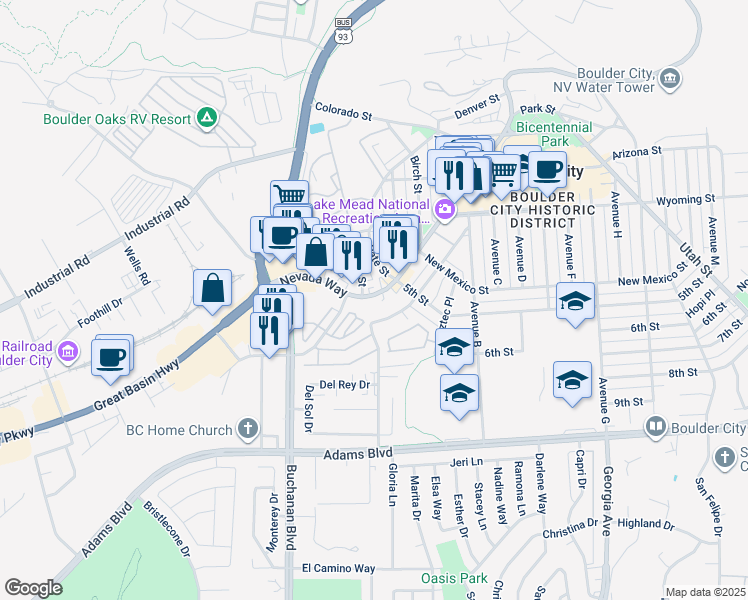 map of restaurants, bars, coffee shops, grocery stores, and more near 898 Avenue A in Boulder City