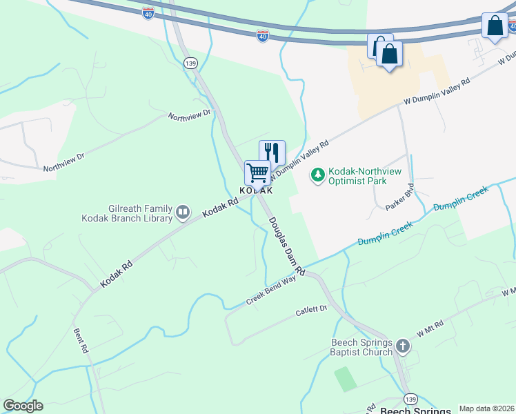 map of restaurants, bars, coffee shops, grocery stores, and more near 3630 Douglas Dam Road in Kodak