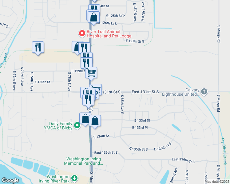 map of restaurants, bars, coffee shops, grocery stores, and more near 8410 East 131st Street South in Bixby