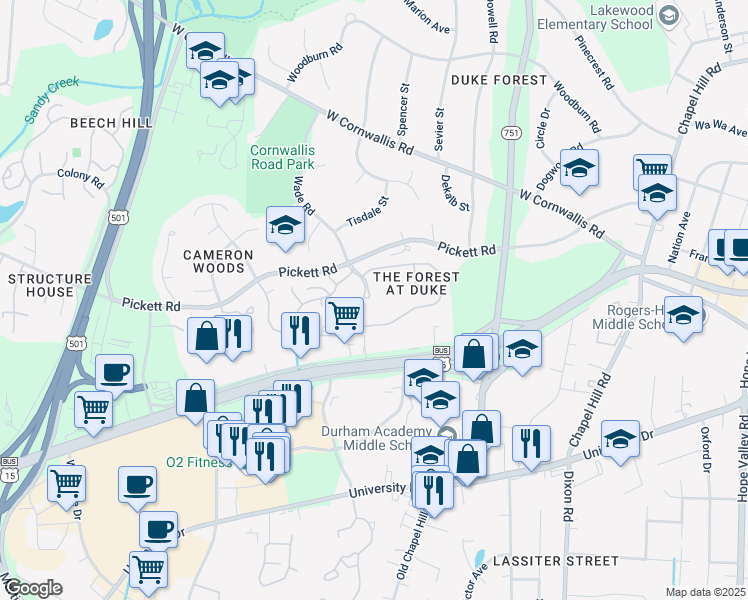 map of restaurants, bars, coffee shops, grocery stores, and more near 2701 Pickett Road in Durham