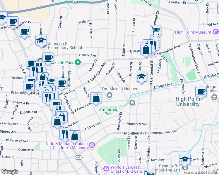 map of restaurants, bars, coffee shops, grocery stores, and more near 701 Guilford Avenue in High Point