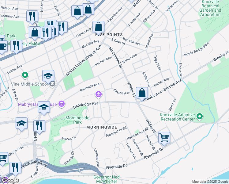 map of restaurants, bars, coffee shops, grocery stores, and more near 2019 Dandridge Avenue in Knoxville