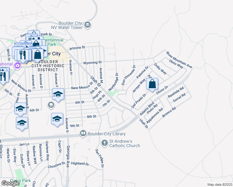 map of restaurants, bars, coffee shops, grocery stores, and more near 1103 Endora Way in Boulder City