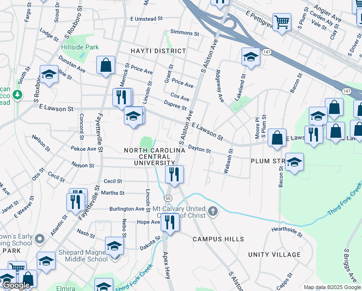 map of restaurants, bars, coffee shops, grocery stores, and more near 1400 South Alston Avenue in Durham
