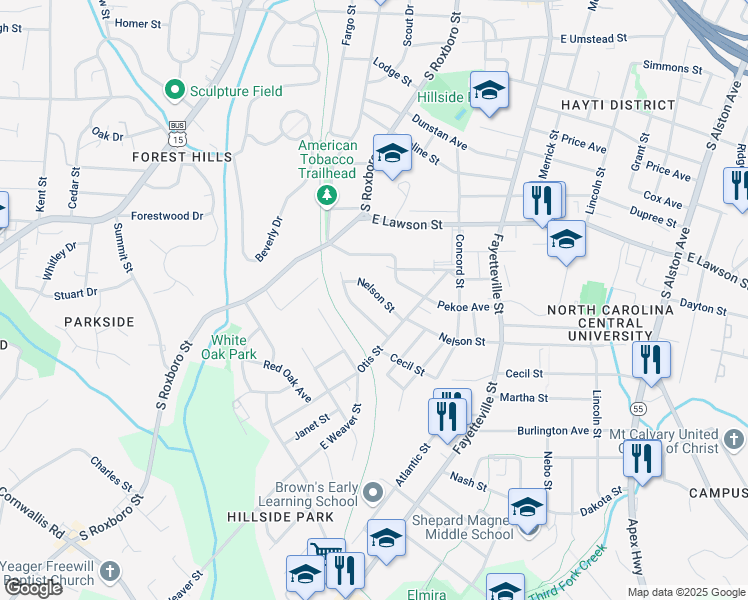 map of restaurants, bars, coffee shops, grocery stores, and more near 120 Nelson Street in Durham