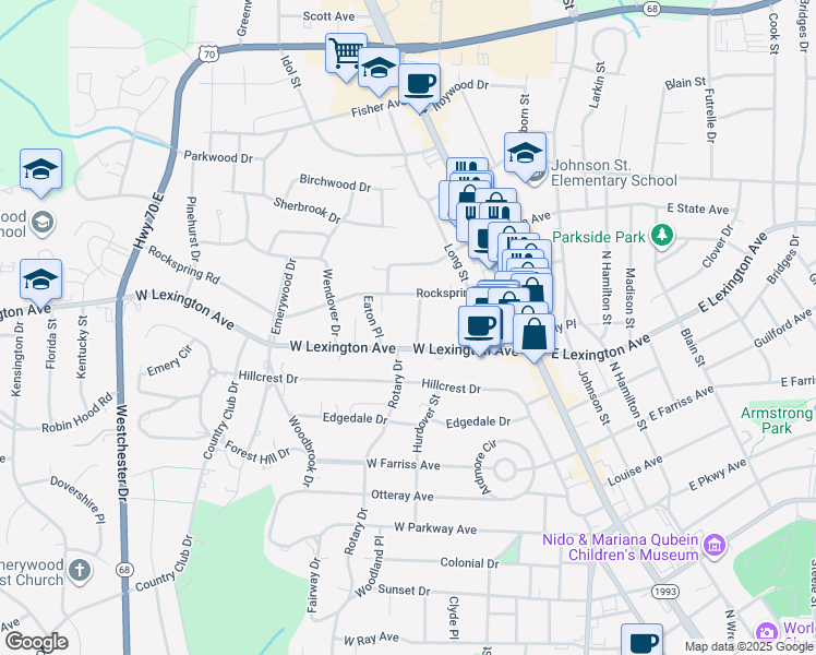 map of restaurants, bars, coffee shops, grocery stores, and more near 1317 Prescott Place in High Point