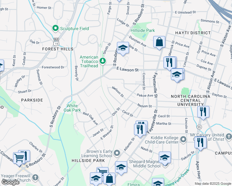 map of restaurants, bars, coffee shops, grocery stores, and more near 202 Pekoe Avenue in Durham