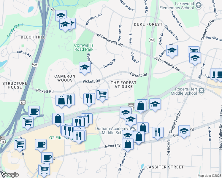 map of restaurants, bars, coffee shops, grocery stores, and more near 2701 Pickett Road in Durham