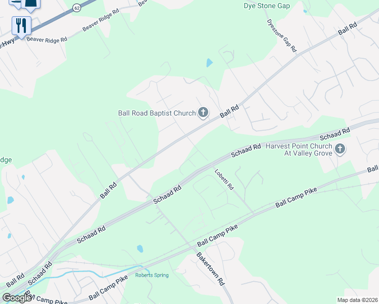 map of restaurants, bars, coffee shops, grocery stores, and more near 6500 Ball Road in Knoxville