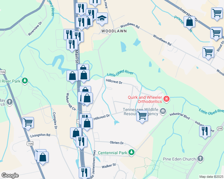 map of restaurants, bars, coffee shops, grocery stores, and more near 999 Hillcrest Drive in Crossville