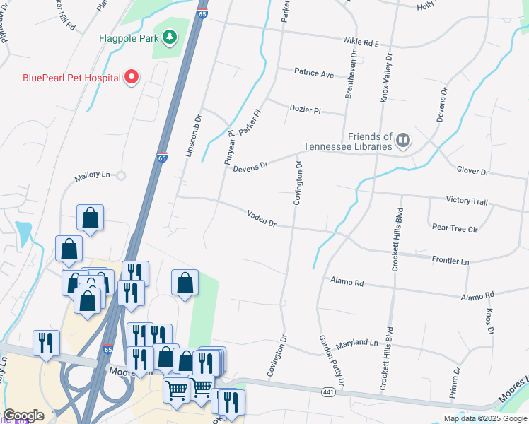 map of restaurants, bars, coffee shops, grocery stores, and more near 8112 Vaden Drive in Brentwood