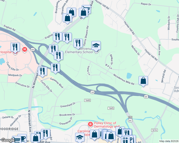 map of restaurants, bars, coffee shops, grocery stores, and more near 2713 Shire Lane in Rocky Mount