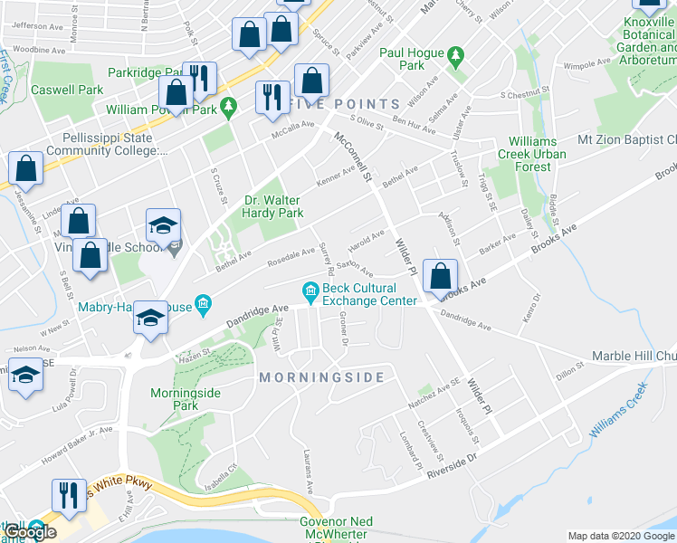 map of restaurants, bars, coffee shops, grocery stores, and more near 500 Surrey Road in Knoxville