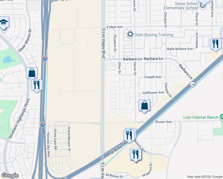 map of restaurants, bars, coffee shops, grocery stores, and more near 22 Dovewood Avenue in Las Vegas