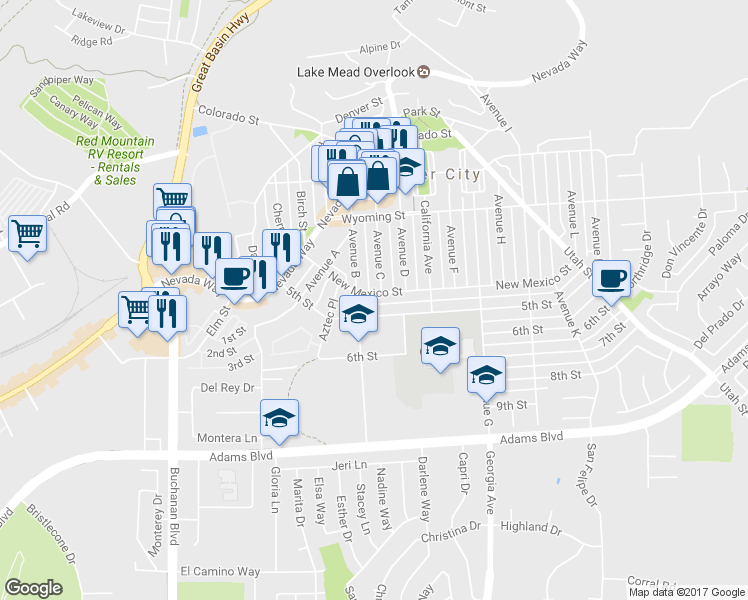 map of restaurants, bars, coffee shops, grocery stores, and more near 1305 New Mexico Street in Boulder City