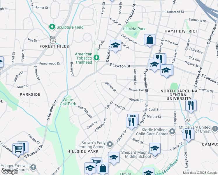 map of restaurants, bars, coffee shops, grocery stores, and more near 202 Pekoe Avenue in Durham