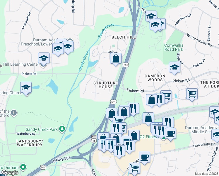 map of restaurants, bars, coffee shops, grocery stores, and more near 3007 Pickett Road in Durham