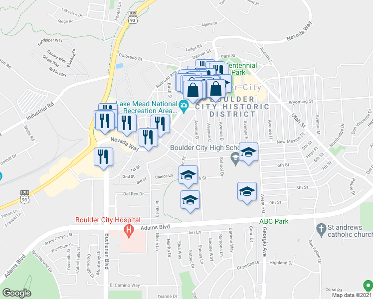 map of restaurants, bars, coffee shops, grocery stores, and more near 708 Aztec Place in Boulder City
