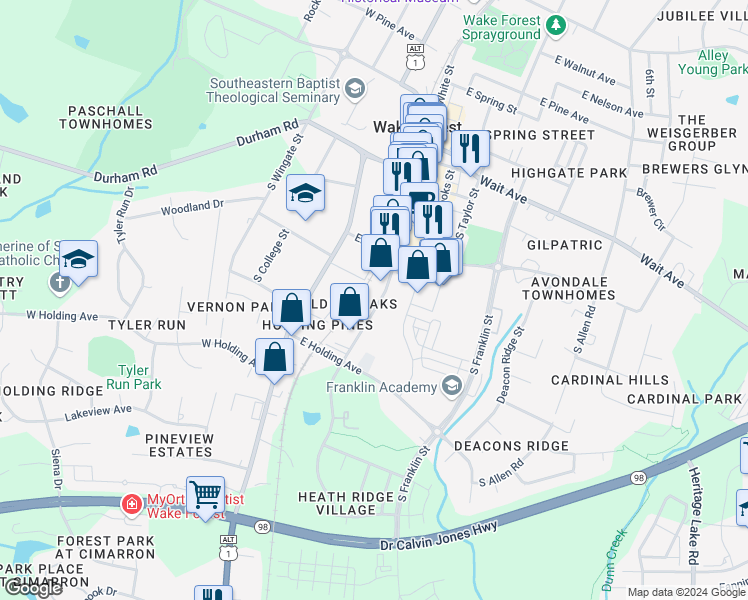 map of restaurants, bars, coffee shops, grocery stores, and more near 508 South White Street in Wake Forest