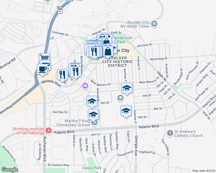 map of restaurants, bars, coffee shops, grocery stores, and more near 1213 New Mexico Street in Boulder City