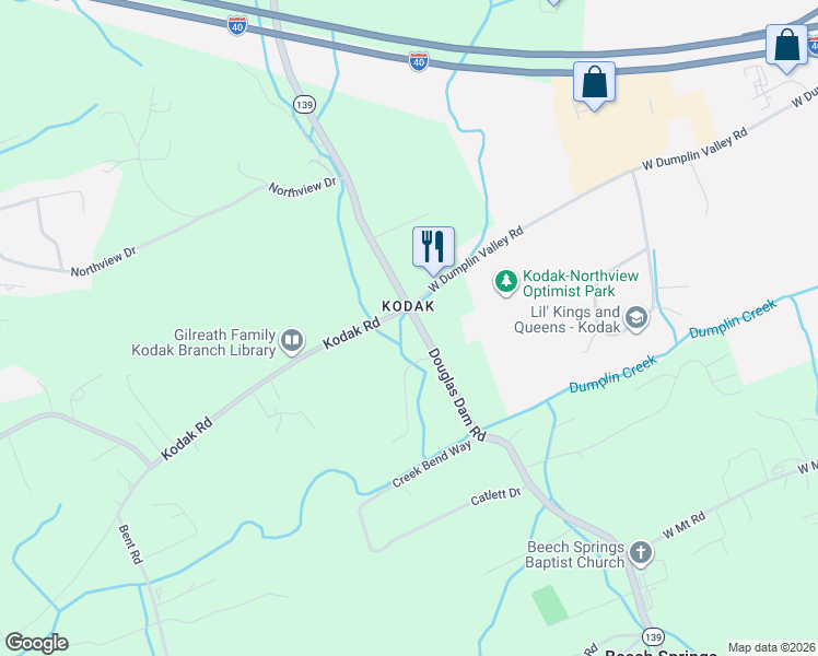map of restaurants, bars, coffee shops, grocery stores, and more near 3655 Douglas Dam Road in Sevier County
