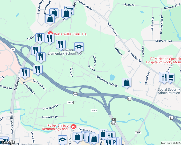 map of restaurants, bars, coffee shops, grocery stores, and more near 2700 Nicodemus Mile Road in Rocky Mount